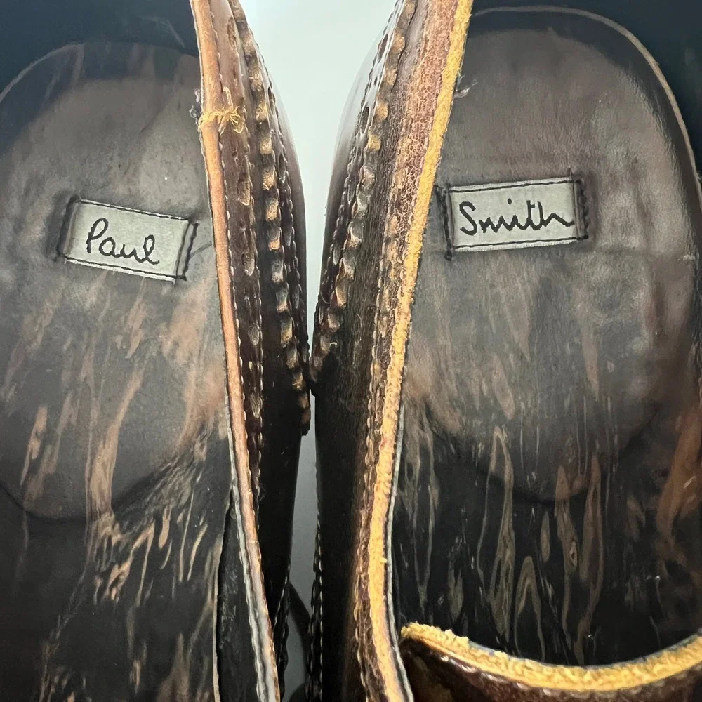 Paul Smith Mens 9 Dark Brown Leather Wingtip Brogue Oxford Shoes Burnished Dress